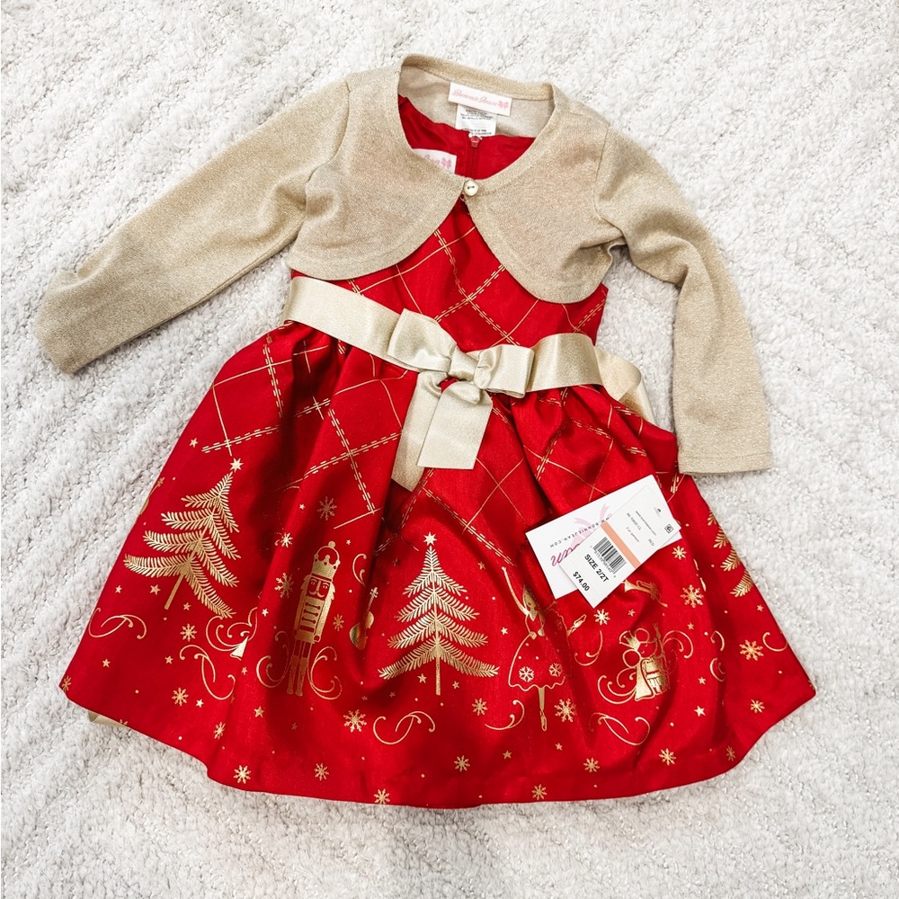 Bonnie Jean Nutcracker Christmas Dress w/Sweater Cardigan Toddler Size 2T